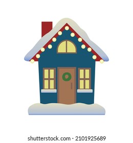 Christmas house. Vector graphics. Turquoise house in the snow.