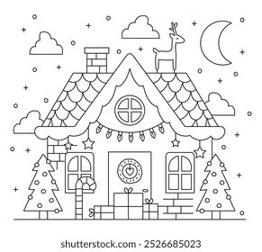 Christmas house  vector line drawing illustration