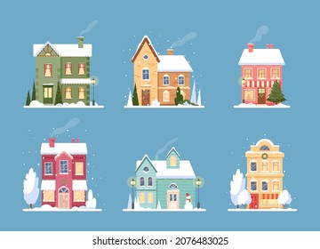 Christmas house. Vector set of winter xmas village with house in snowfall, rural cottages with smoking chimney, lanterns, trees and festive garlands in flat design. Merry Christmas. Winter landscape