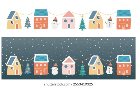 Christmas House Village . New year greeting card template with  Christmas garlands and lights and pine trees on blue background with snowflakes. Winter landscape web banner. Vector.