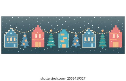 Christmas House Village . New year greeting card template with  Christmas garlands and lights and pine trees on blue background with snowflakes. Winter landscape web banner. Vector.
