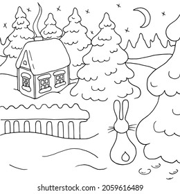 Christmas house in the winter forest, fir trees and a hare, coloring page. Vector illustration