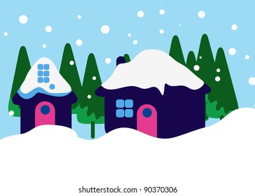 Christmas House In The Woods And Snowing Morning In Vector