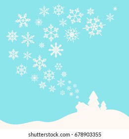 Christmas house in woods with snowstorm on blue background. Vector flat illustration. Winter landscape. New year greeting card. 