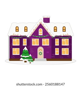 Christmas house with xmas tree and decorations