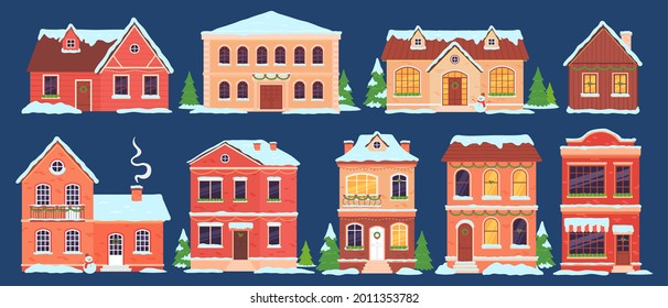 Christmas houses. Buildings with snow caps decorated for winter holidays with lights, xmas tree and wreath. Cartoon town cottages vector set. Illustration christmas building in snow