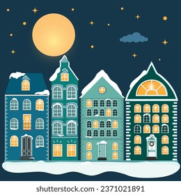 Christmas houses, city buildings in Scandinavian style. Cozy winter town panorama with home exteriors. Urban street with chimneys. Stock Flat vector illustration.