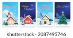 Christmas houses collection of four vertical cards with outdoor landscapes snowy mountains and editable ornate text vector illustration