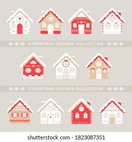 Christmas houses collection. Set of rustic winter houses. Vector illustration holidays elements. Good for design, cards, posters, banners.