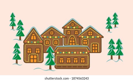 Christmas houses decorated with colorful garlands, flat design, greeting card, vector illustration. 