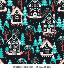 Christmas houses with fir trees