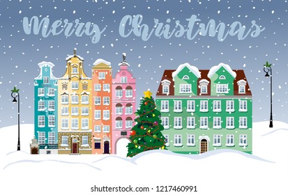Christmas houses in Gdansk, Poland under snowfall. Old historical winter town. Urban winter landscape. Christmas card. Vector illustration. Greeting background for Merry Christmas in vector. 2023