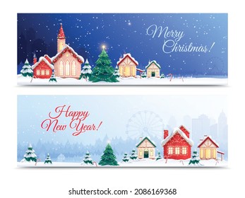 Christmas houses horizontal banners set with ornate text and outdoor landscapes with decorated buildings and cityscapes vector illustration