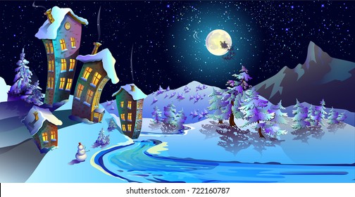 Christmas  houses. House with snow-covered roofs and shining Windows. Lunar, starry, Christmas night. Spruce covered with snow.  Road. Santa Claus is passing by in his sleigh. Horizontal.  