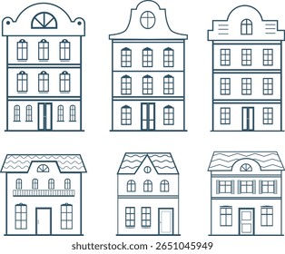 Christmas houses lineart. Set of old european city buildings. Scandinavian Houses silhouette. Vector illustration. 
