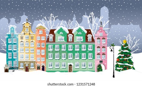 Christmas houses in old historical Gdansk, Poland under snowfall. Winter town. Urban winter landscape. New Year card. Vector illustration. Greeting background for Merry Christmas in vector. 2023.