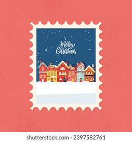 Christmas Houses Postal Stamp. Vector Illustration of Seasonal Postcard. Frame for Celebrative Art.