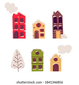 Christmas houses in retro style on light background, flat vector illustration.