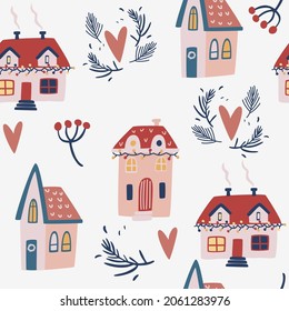 Las casas navideñas tienen un patrón impecable. Casas de invierno, ramas de abeto y copos de nieve para envolturas navideñas, papel pintado, tela y textiles. Fondo vectorial. 

