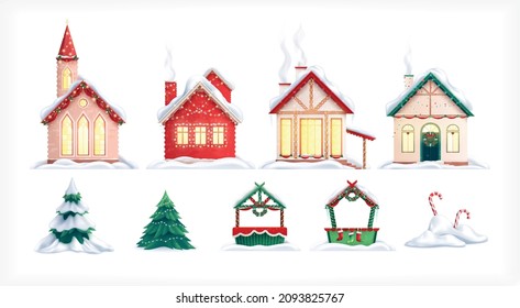 Christmas houses set of isolated icons with outdoor stalls decorations fir trees and glowing festive buildings vector illustration