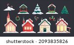 Christmas houses set on dark background with isolated icons of new year decorations and gingerbread houses vector illustration