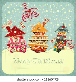 Christmas houses and snow - postcard in retro style - vector illustration