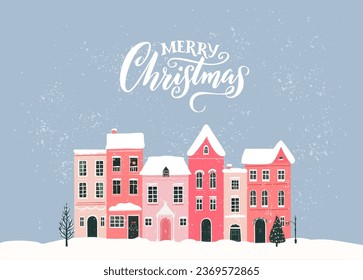 Christmas houses in snow, text Merry Christmas on greeting card. Vector winter town scenery illustration.