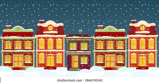 Christmas houses with snow vector illustration. Cartoon night snowy city street, town houses facade with Christmas fairytale lights, snowflakes, festive decorations in winter holiday season background