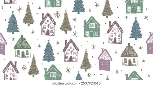 Christmas houses with tree pattern on white