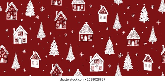 Christmas houses with tree pattern on red