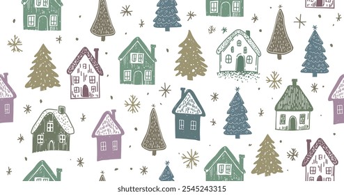 Christmas houses with tree pattern on white	