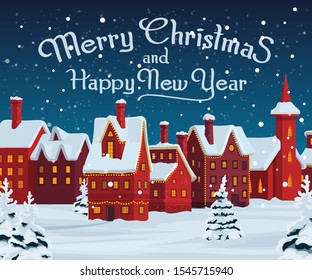 Christmas houses vector greeting card of winter holidays night town with Xmas lights. Snowy cityscape of festive city street with homes, pine trees and falling snowflakes, Xmas and New Year design