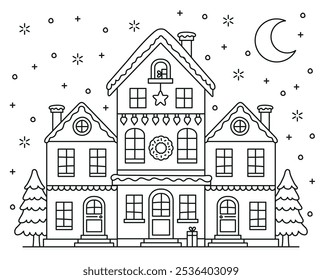 Christmas houses vector line drawing illustration