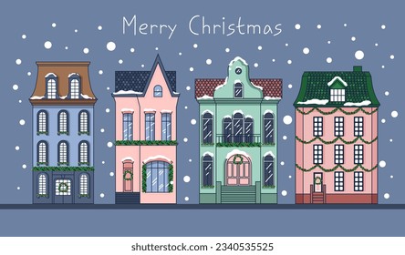 Christmas houses. Winter Dutch buildings. Cute New Year greeting card. Vector.