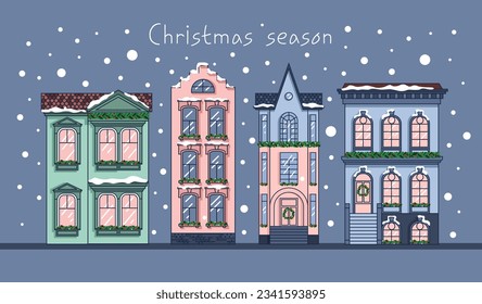 Casas de Navidad. Edificios holandeses de invierno. Cuta tarjeta de felicitación de Año Nuevo. Vector.