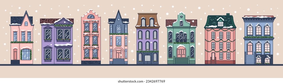 Christmas houses. Winter Dutch buildings. Cute New Year greeting card. Vector.