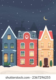 Christmas houses, winter street, snowing, night, cute christmas art, happy holidays, postcard, vector