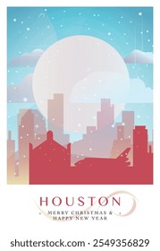 Christmas Houston retro poster for winter  festives, New Year in USA. Greetings, happy holidays and merry xmas from Texas, United States of America vector postcard layout