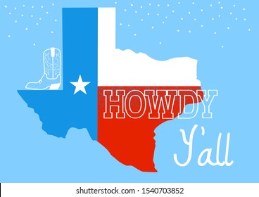 Christmas Howdy Texas. Vector American illustration with flag and cowboy boot decoration.