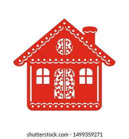 Christmas hut. Template for laser cutting, plotter cutting or printing. Elements of festive new year background. Christmas house decorated with ornaments.