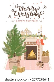 Christmas hygge cozy home decorations. Scandinavian interior with fireplace and Christmas decorations. Happy New Year greeting card. Winter mood vector illustration.