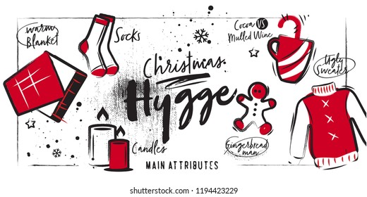 Christmas Hygge. Different Black Charcoal Christmas elements on chalk white background