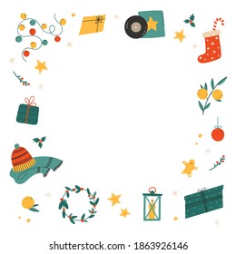Christmas hygge, doodle cozy things. Winter holiday decor, gifts, clothing. Candle, socks and mittens xmas home symbols, cartoon vector template for the frame. Vector illustration in flat style