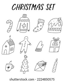 Christmas hygge outline set. New year line cute elements. Cozy warm winter.