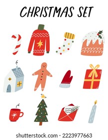 Christmas hygge set. New year cute elements. Cozy warm winter.