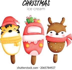 Christmas ice cream character in watercolor style.Tiger car and reindeer popsicle.cute design and good for sweet bakery shop.