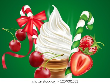 Christmas ice cream cone with berry, strawberry and candy cane isolated on solid color background, Vector 3D realistic illustration. Of free space for your copy and branding. Food concept.