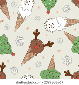 Cañón de helado de Navidad reno árbol de nevado vectorial patrón sin fisuras. La temporada festiva navideña de Navidad sirve tentempiés dulces de fondo.