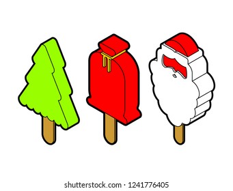 Christmas Ice cream on stick set. Christmas tree and red bag Santa face. Cold Sweetness Xmas dessert. cartoon vector 