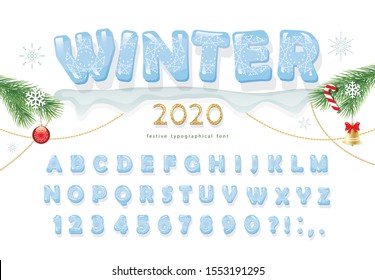 Christmas ice decorative font. New year 2020 winter alphabet. Hand drawn glacial letters, numbers and symbols. For posters, banners, greeting cards design. Vector illustration